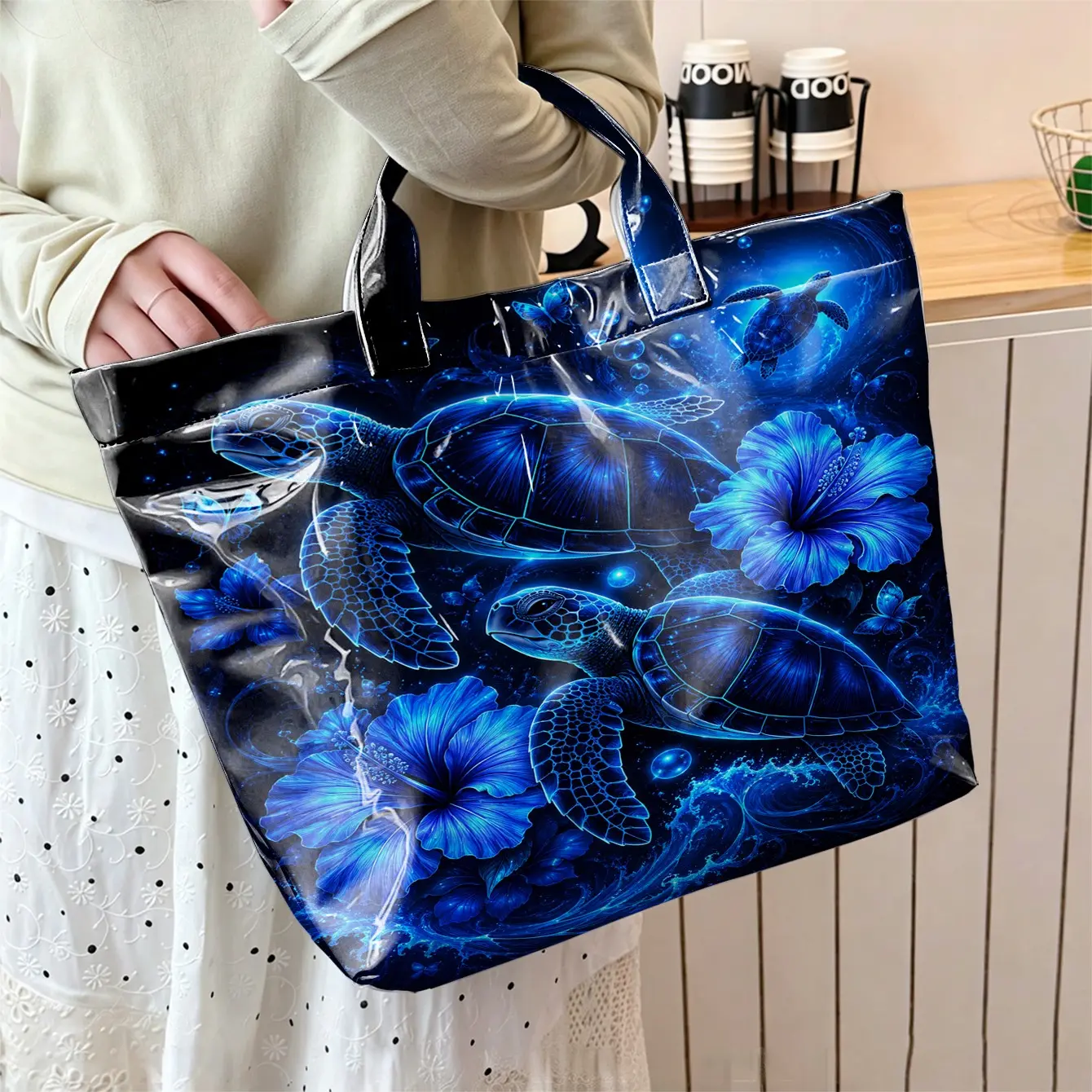 1pc Large Capacity Women Tote Bag, Luminous Blue Sea Turtle Hibiscus Wave Print Glossy Waterproof PVC Handbag, Tropical Vacation Casual Shoulder Bag for Beach Travel Shopping Daily Office Use