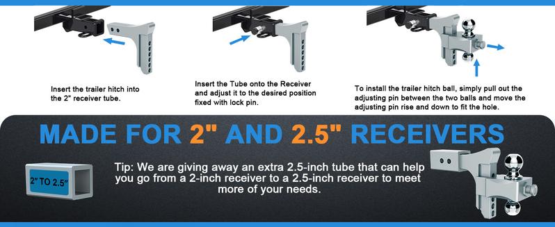 Adjustable Trailer Hitch, Drop Hitch Fits 2 Inch Receiver, GTW 21,500 LBS Aluminum Tow Hitches Dual Ball (2" x 2-5/16"), Heavy Duty Truck Hitch Ball Mount (5 Inch Drop Hitch)