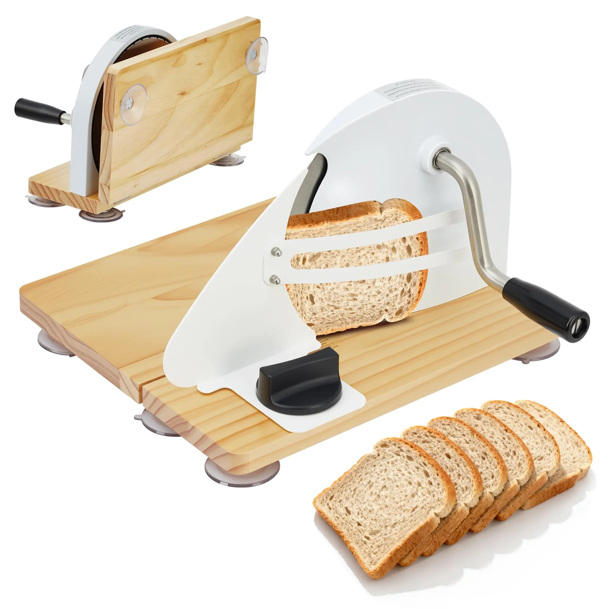 Sturdy Kitchen Collapsible Manual Bread Slicer with Hand Crank - Wooden Cutting Board, Steel Guide, Adjustable Thickness, 6.7in Blade - For Homemade/Commercial Even Slices, Sandwich Prep, Suction Base, White, Easy Storage