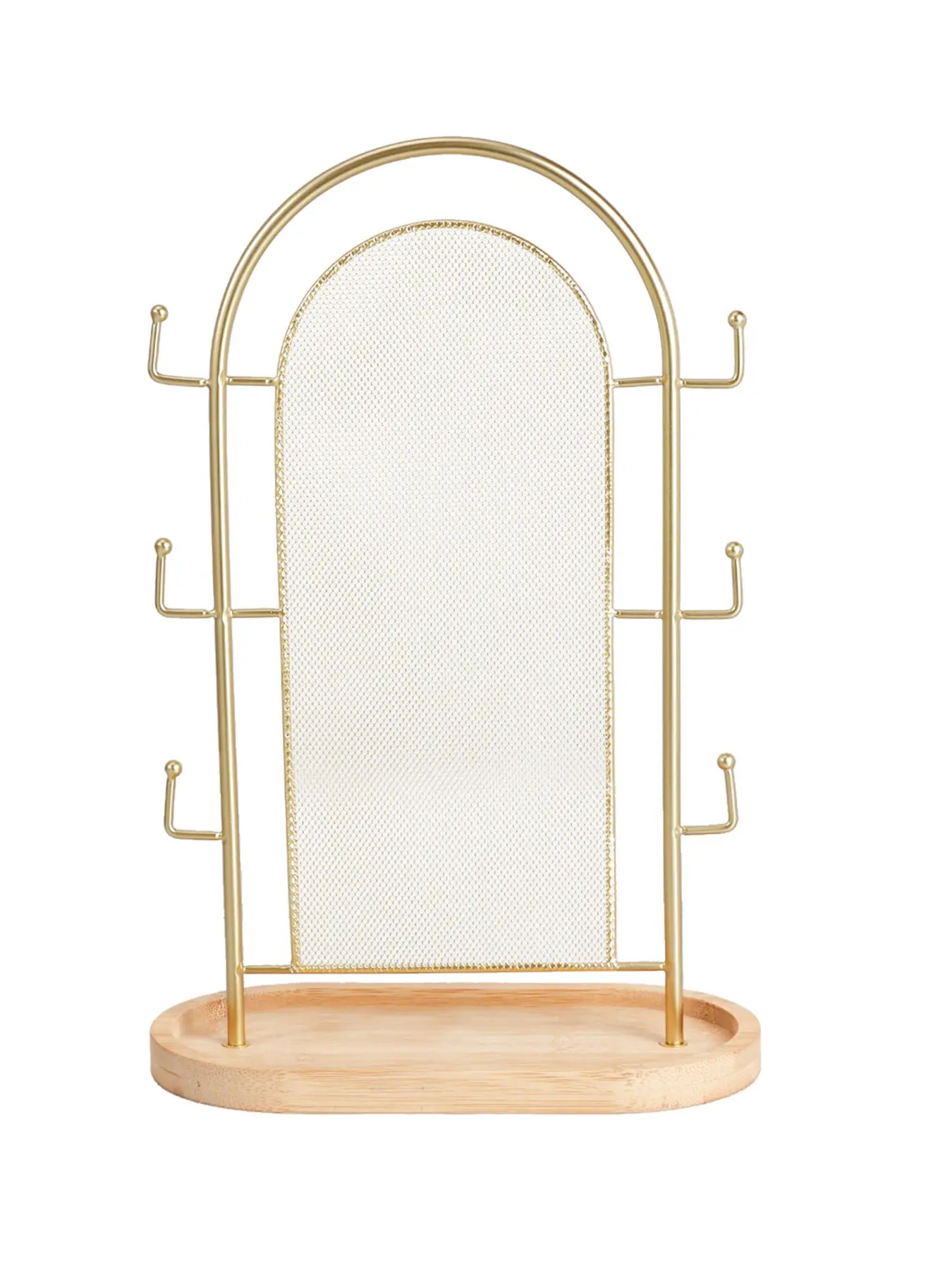 Golden Arch Jewelry Organizer Stand, Mesh Earring Display Board, Multi Hooks Necklace Bracelet Holder, Bamboo Storage Tray, Bedroom Decor Gift