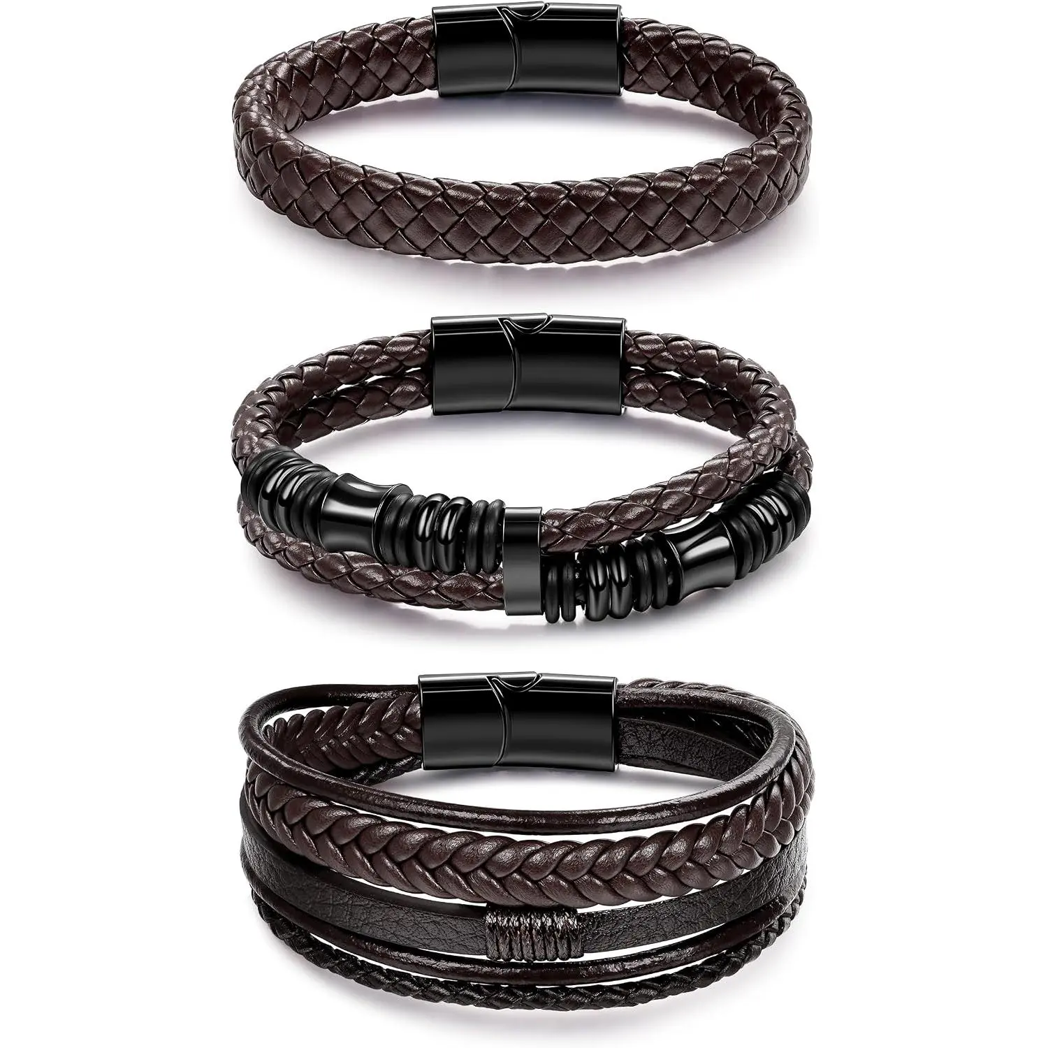 3 count Black Leather Bracelets for Men Women Braided Leather Wristband Cuff Bracelets Multi-Layer Braided Leather Bracelets Set 7.5-9 Inches