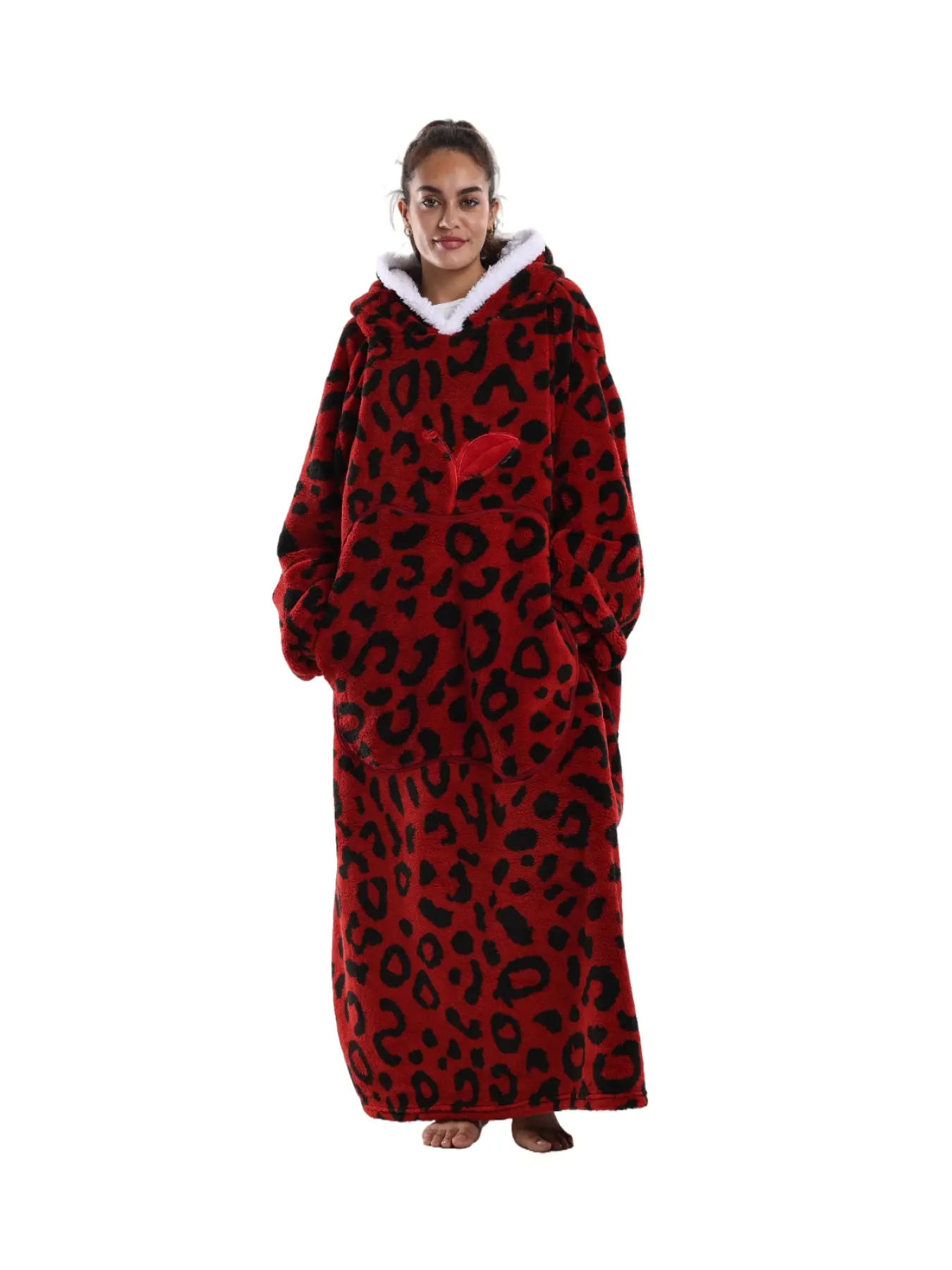 Women's Apple Pattern Drop Shoulder Hooded Flannel Lounge Robe, Casual Long Sleeve Pocket Design Blanket Hoodie, Ladies Sleepwear for Fall & Winter