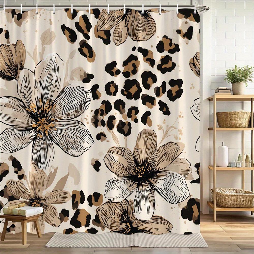 Floral Leopard Print Shower Curtain, Exotic Floral Design with Leopard Spots on Cream Background Intricate Line-Art Detailing, Bathtub Partition Curtain with Hooks, Fashionable Bathroom Accessory Elegant Bathroom Decor
