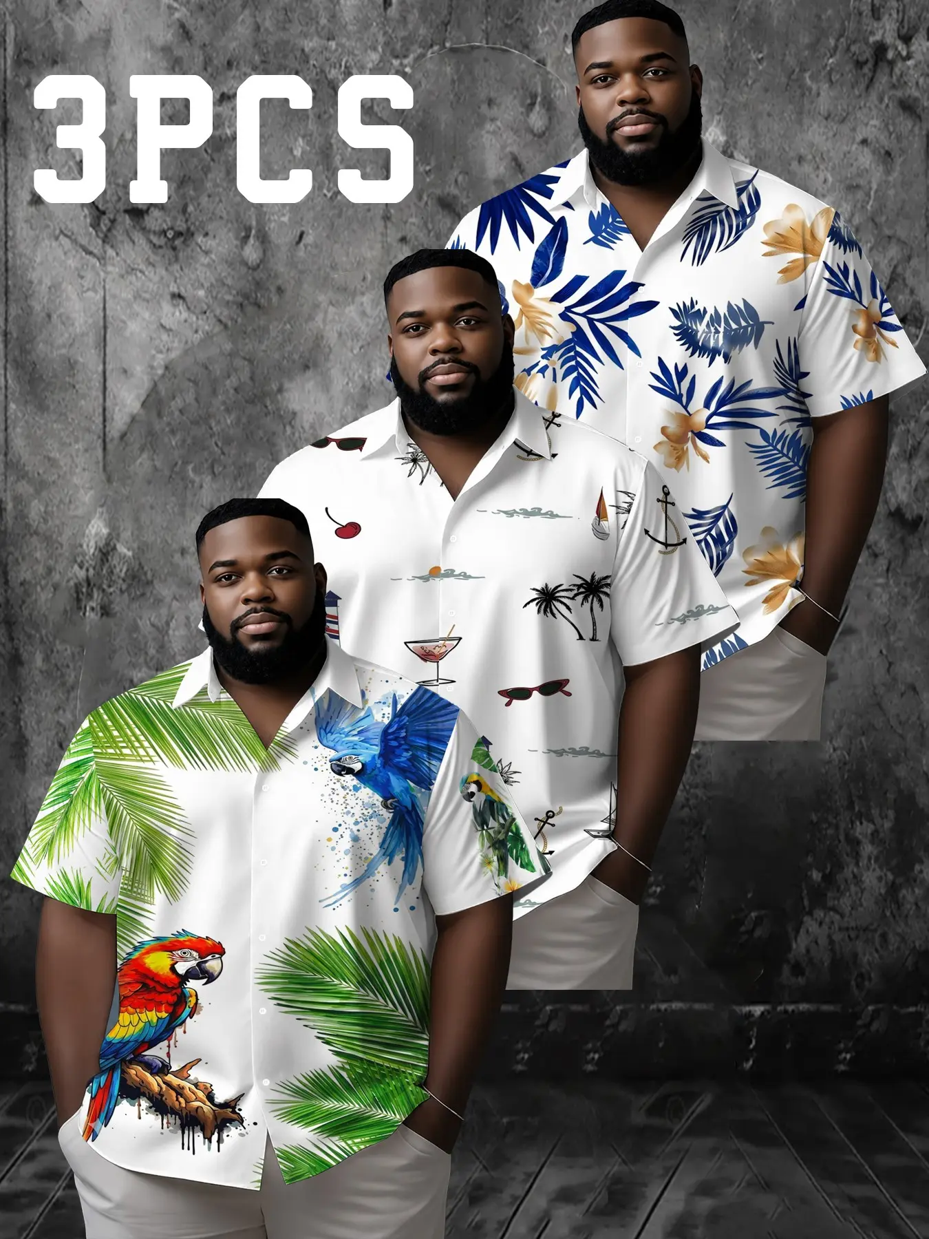 3-Pack Plus Size Shirts, Casual Versatile Men's Short Sleeve All Over Printed Tropical Hawaiian Shirt, Lightweight Polyester, Ideal Summer Choice