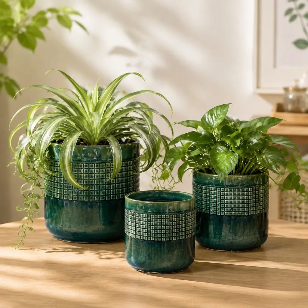 Artisan Process Handmade Green Glazed Ceramic Flower Pots & Planters Set of 3 - Natural Clay, Square Grid Pattern, 10" (9.25" H), 8", 6" Diam, Breathable, Drainage Holes for Succulents/Herbs, Indoor/Outdoor Use, Plant Pots, Three Sizes