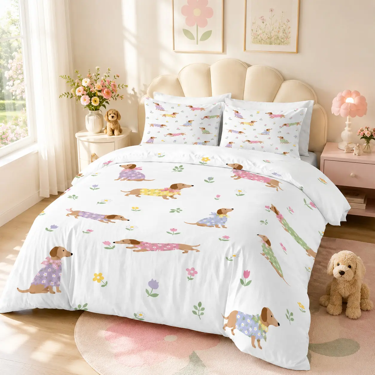 3-Piece Spring Floral Dachshund Duvet Cover Set, Queen Size All Season Bedroom Bedding, Double-Sided Microfiber Cover With 2 Pillowcases, Fresh Flower Cute Puppy White Base Print, Hidden Zipper Soft Breathable Easy Care, Duvet Insert Not Included