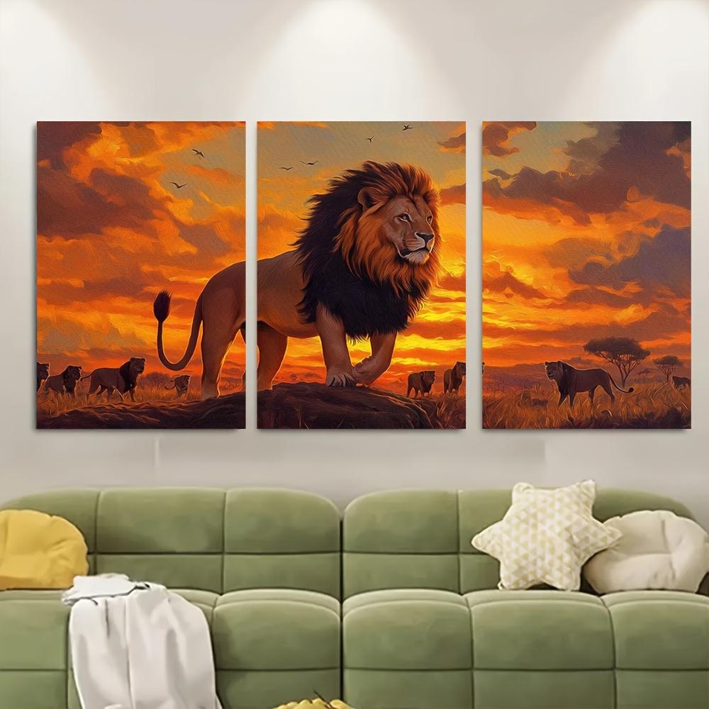 3pcs Lion Wall Art with Frame - Traditional Lion Dance Panels, Majestic Lion & Mane, Polyester Fiber Canvas Suitable for Living Room, Bedroom, Office Decor - Cultural Animal-Themed Hanging Art, 2D Flat, Perfect for Room Decor