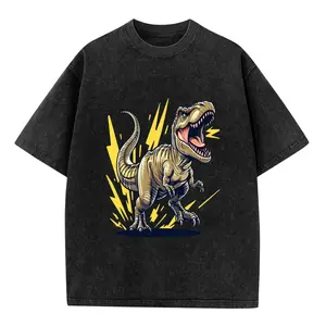 【Super T-Shirt】Retro Washed Cotton T-Shirt, Roaring T-Rex with Yellow Lightning Accents Graphic Tee, Casual Oversized Streetwear, Summer Daily & Sports Short Sleeve for Dinosaur Fans