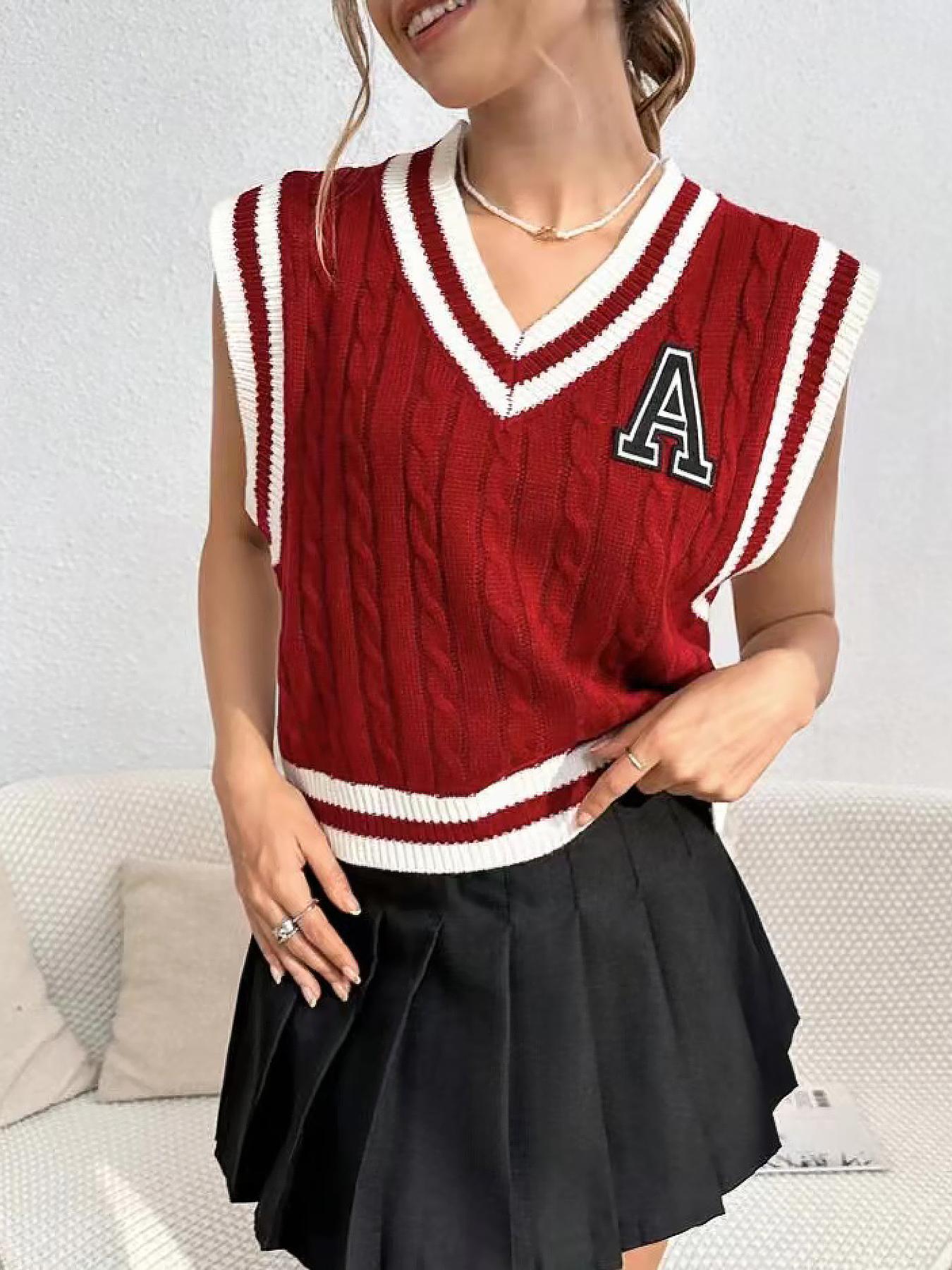 Women's Letter Print Contrast Binding Sweater Vest Without Shirt, Preppy Style V Neck Sleeveless Knitwear For Spring & Fall, Fashion Cozy Women's Knit Clothing For Daily Wear