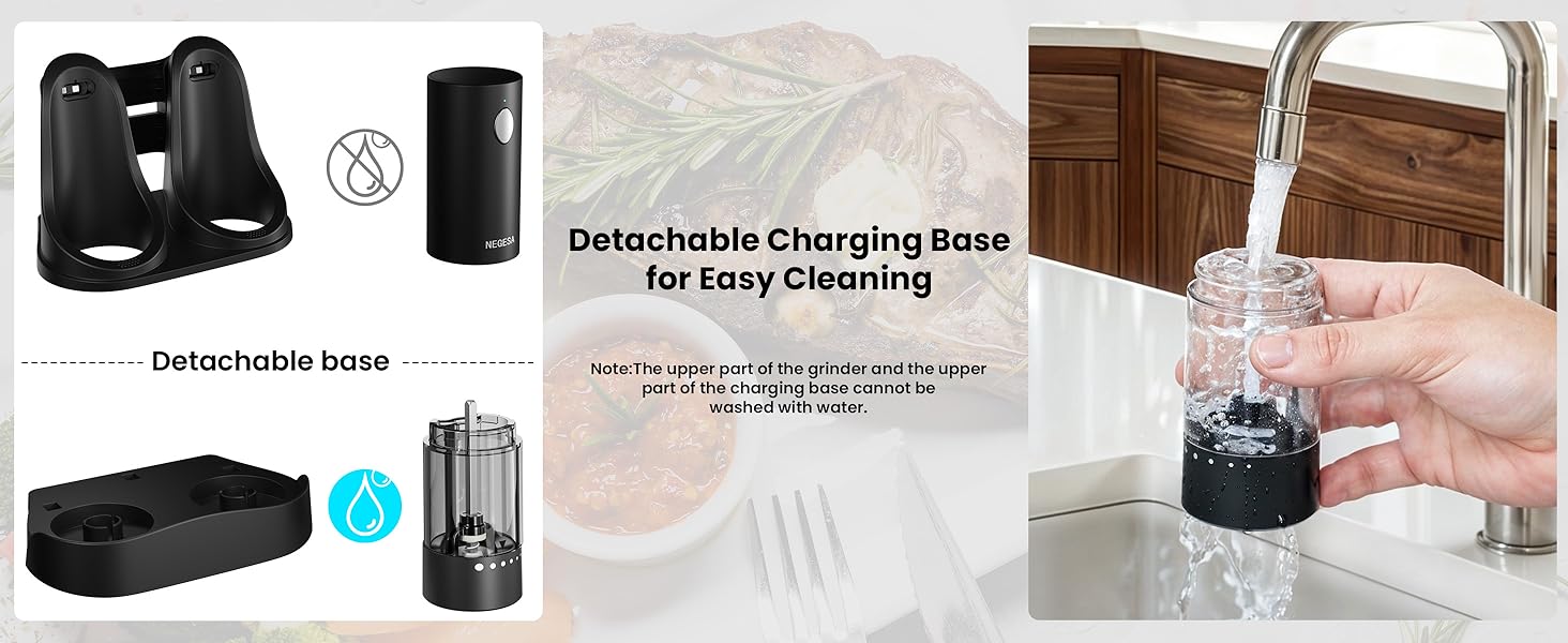 Electric Salt and Pepper Grinder Set with Rechargeable Base - Automatic Refillable Electric Salt and Pepper Shakers with Large Capacity, LED Light & Adjustable Coarseness, Black