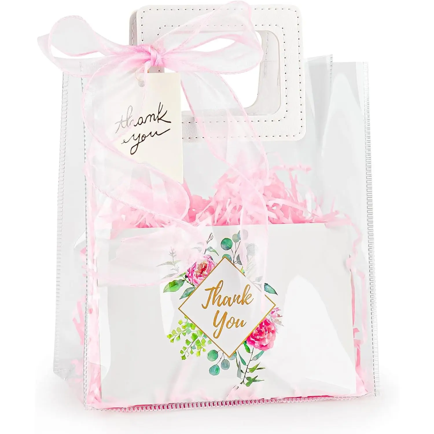 Holographic Thank You Party Favor Bags with Handles - Transparent Green, Eco-Friendly Synthetic Material, Greeting Cards Included, 3-5 lbs Capacity, Set of 4 for Birthday Wedding Gifts