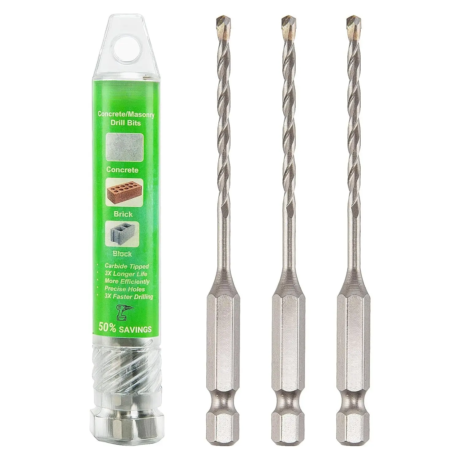 1/8" x 3-1/2" Masonry Drill Bits 1/8 inch Concrete Drill Bits Carbide Tipped for Cement, Brick, Stone, 3 Pack, Hex Shank