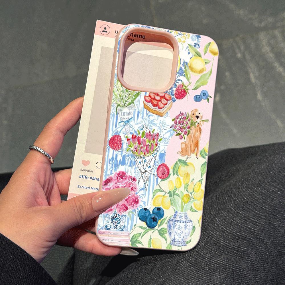 1 piece faux leather texture feel pink with exquisite flowers, strawberry, and puppy pattern phone case, stain-resistant, high-end feeling phone case for iPhone series