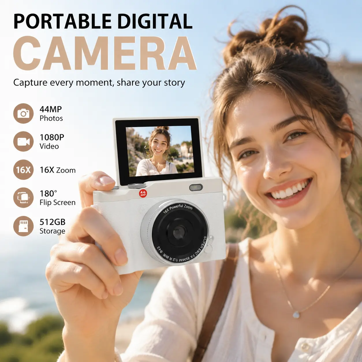 Portable Digital Camera for Students, Basic Automatic Hybrid Pocket Point & Shoot Vlogging Camera with 180° Flip Screen, 512GB Storage, USB Support, Photo & Video Recording, Back-to-School Ready