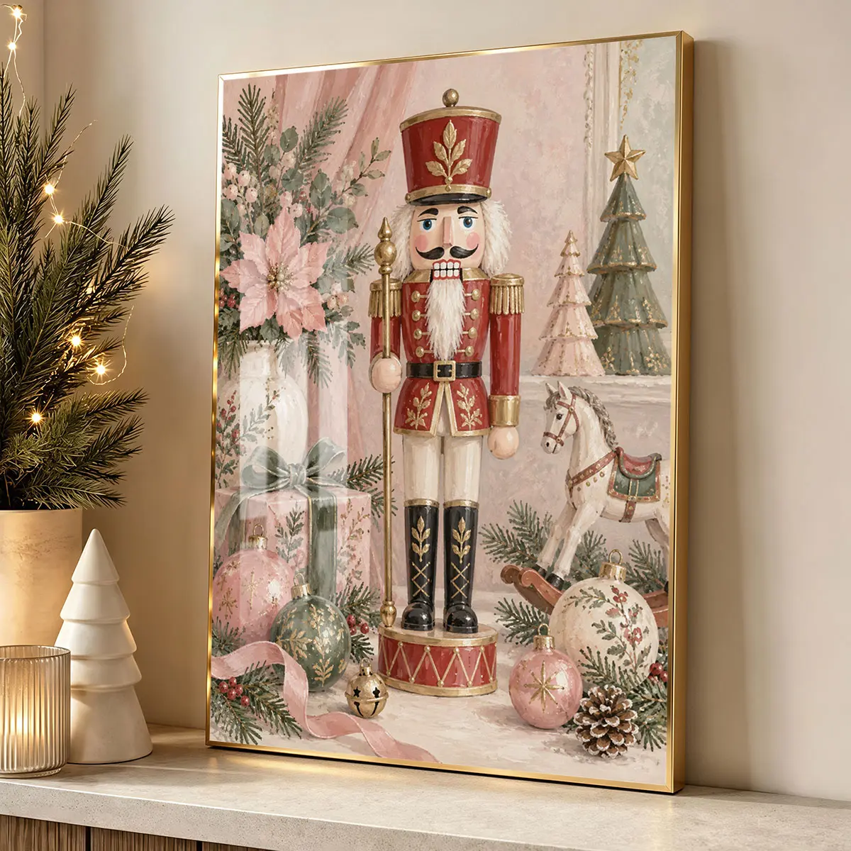 [2D Flat] 1pc Christmas nutcracker soldier canvas, Modern Frame, Framed Art, Home Decor For Living Room, Hallway Wall Decor, Luxury Perfect Gift For Christmas And Halloween, Print Artwork.