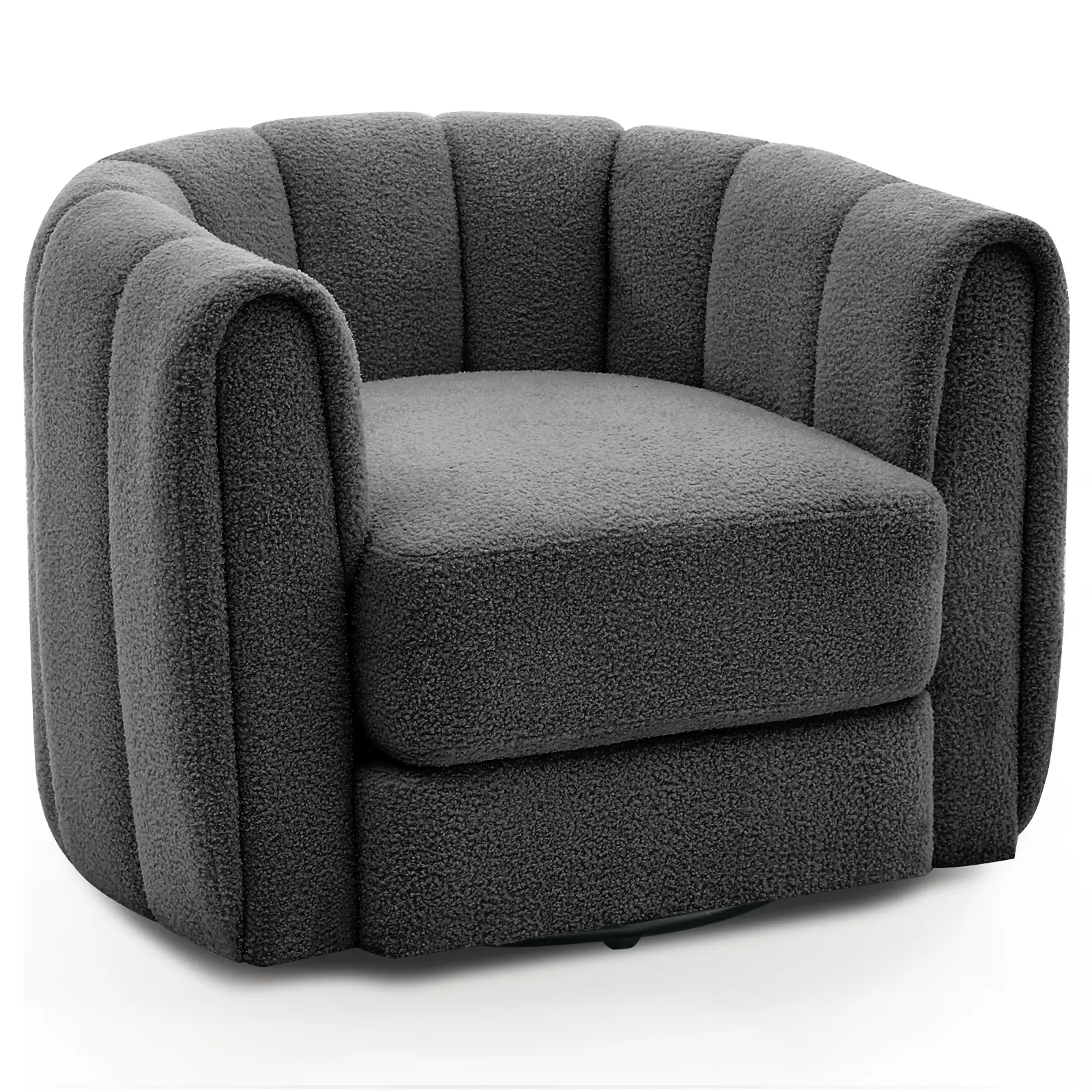 360° Swivel Modern Barrel Accent Chair, Brown Teddy Fabric Armchair with Striped Backrest, Comfy Round Lounge Chair for Lounge & Bedroom