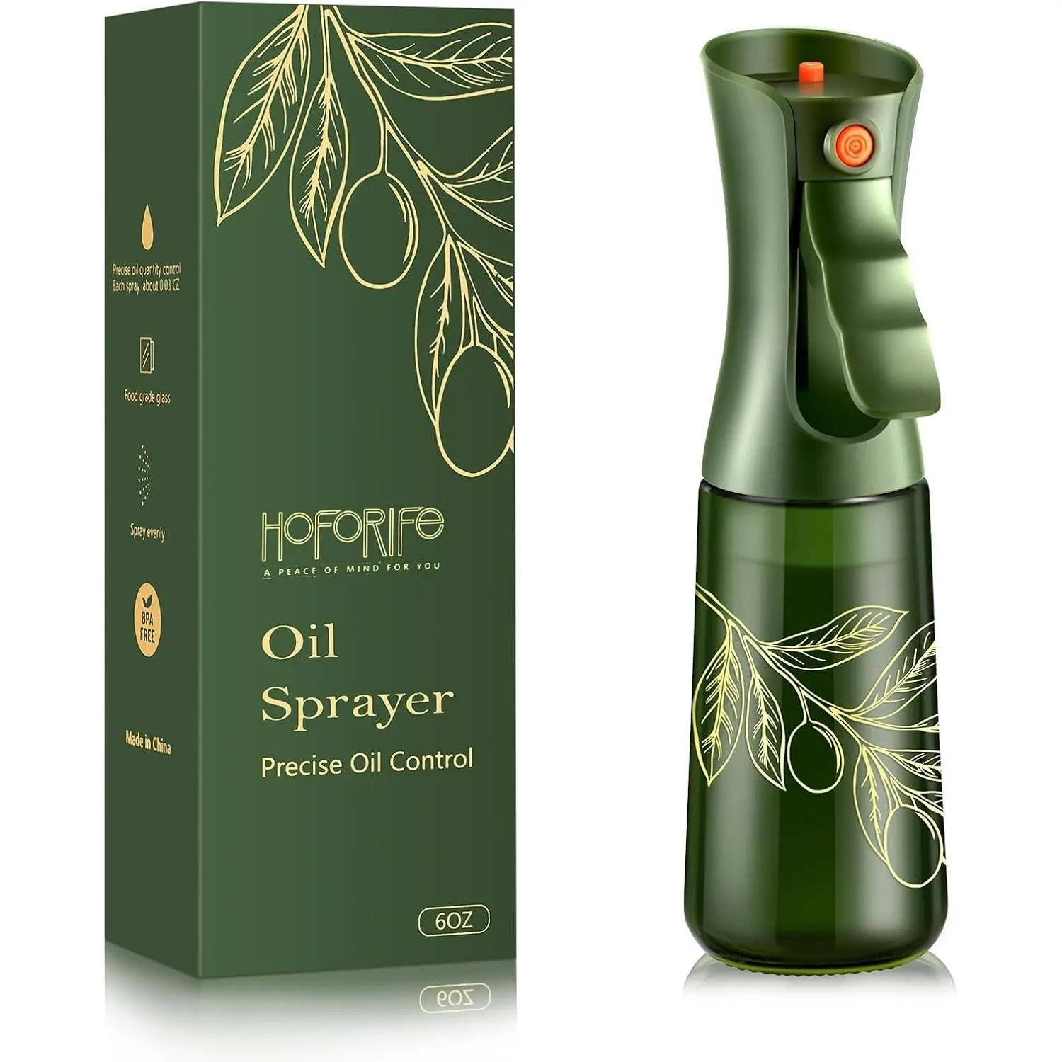 Glass Olive Oil Sprayer for Cooking, Oil Mister Continuous Cooking Spray with Portion Control for Kitchen 220ml/7.5 oz (Olive Green & Gold Print)