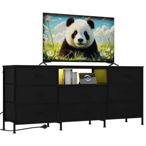LED TV Stand with Charging Station 8 Drawer Dresser for Bedroom Living Room Smart Modern Entertainment Center TV Console Table for 55 65 75 Inch TV Storage Cabinet Fabric Drawers Media Console Media Stand with Outlets USB Ports