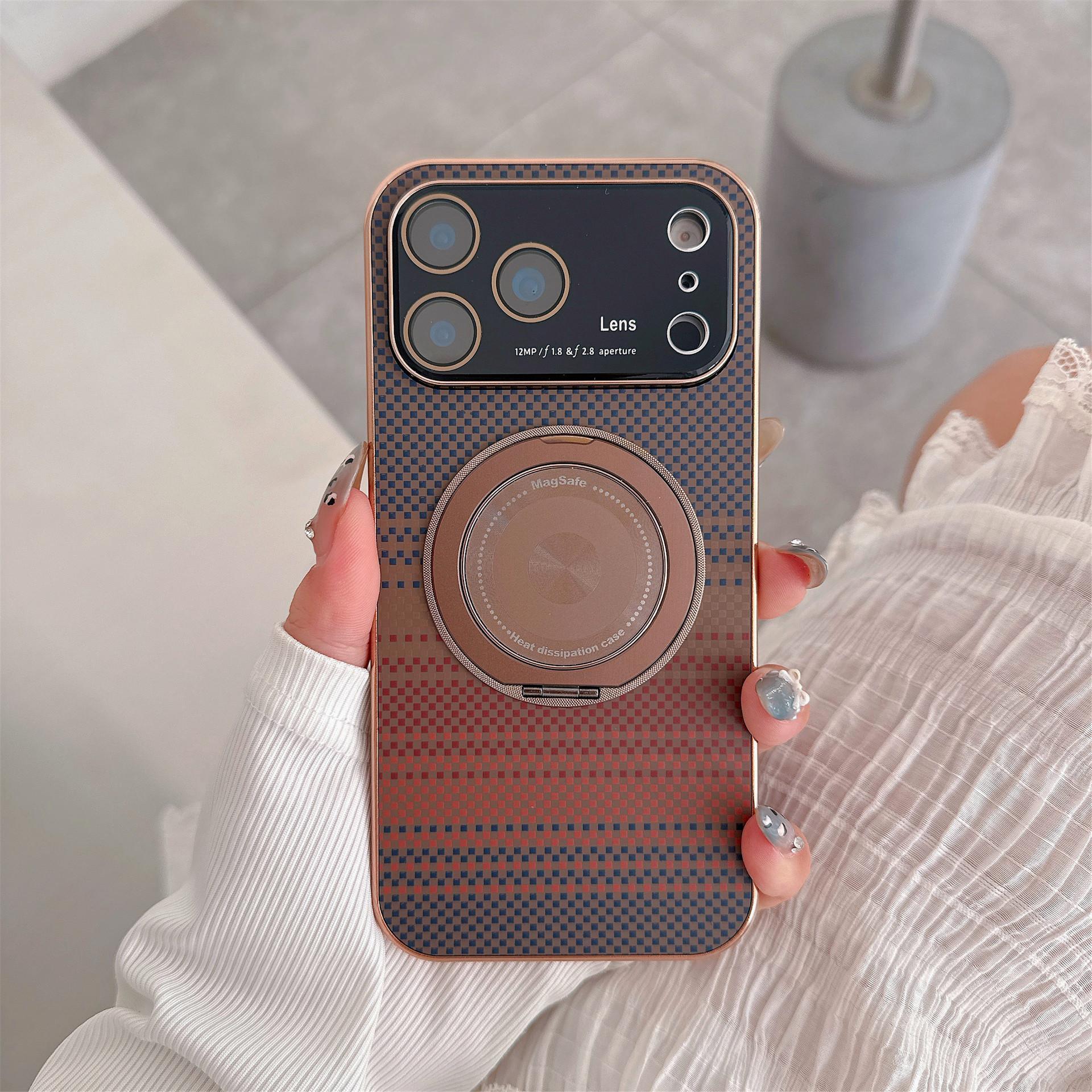 Suitable for iPhone 17 Magnetic Phone Case Rotating Stand iPhone 16 Pro Max Large Window Electroplated Fiber Texture