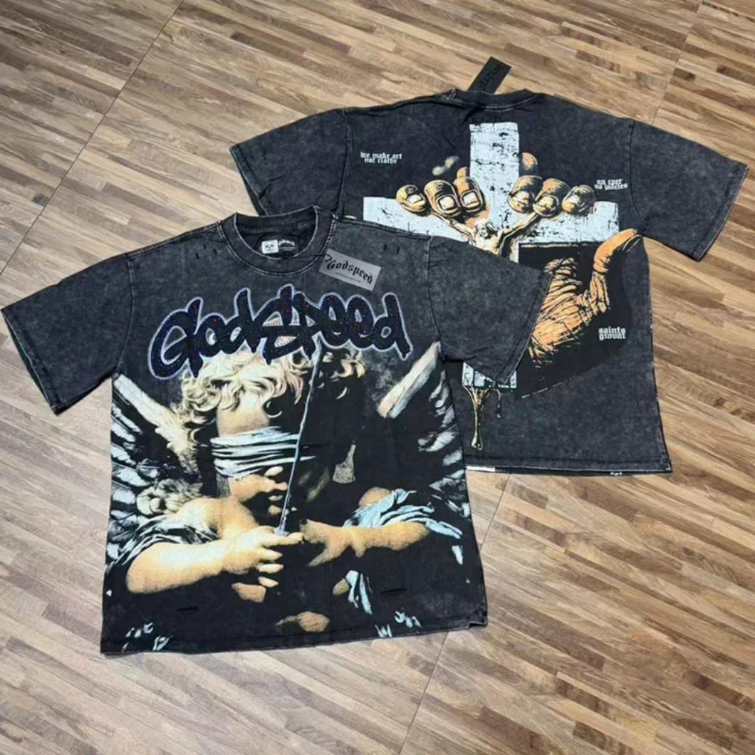 Real Photo Original Label Ripped Hot Drill Godspeed Short Sleeves T Shirt American Cotton Vintage Washed Rhinestone Bling Oversized Loose Unisex Round Neck Streetwear Hip Hop Y2K Casual Tops Tees With Tags For Men Women