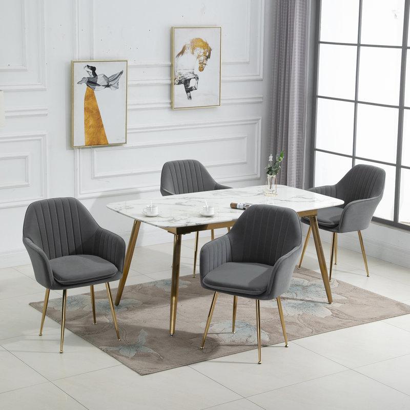 Set of 2 Upholstered Dining & Living Room Chairs - Gray Modern Fabric Armchairs with Curved Back & Metal Legs