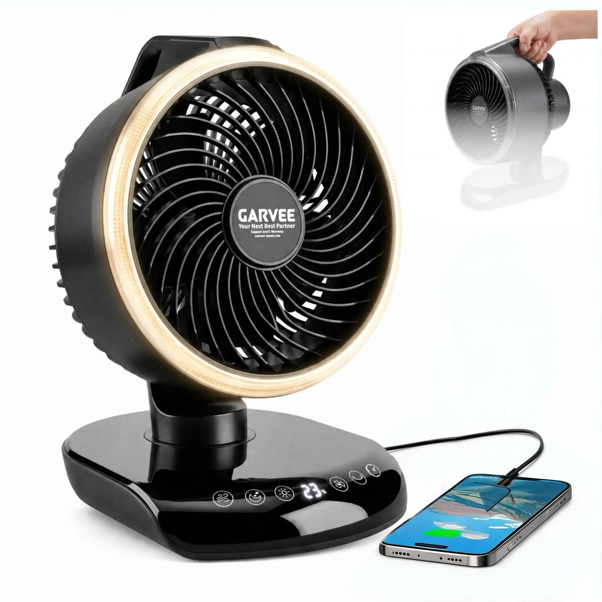 20000mAh Large Capacity Rechargeable Camping Fan, Equipped with 20ft Remote Control & Timing Function, 5 Adjustable Speeds with Rotatable Fan Head, Integrated LED Lighting, Portable Electric Fan Ideal for Tents, Travel, Office and Outdoor Camping Essentia