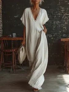 Women's Linen V-Neck Maxi Dress, Fringe Trim Loose Fit Casual Dress with Pockets, Bohemian Summer Dress, Comfortable and Stylish