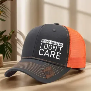 Breaking News I Don't Care Funny Sarcastic Trucker Hat, Mesh Back Baseball Cap with American Flag Leather Patch, Adjustable Snapback Humor Hat for Men Women