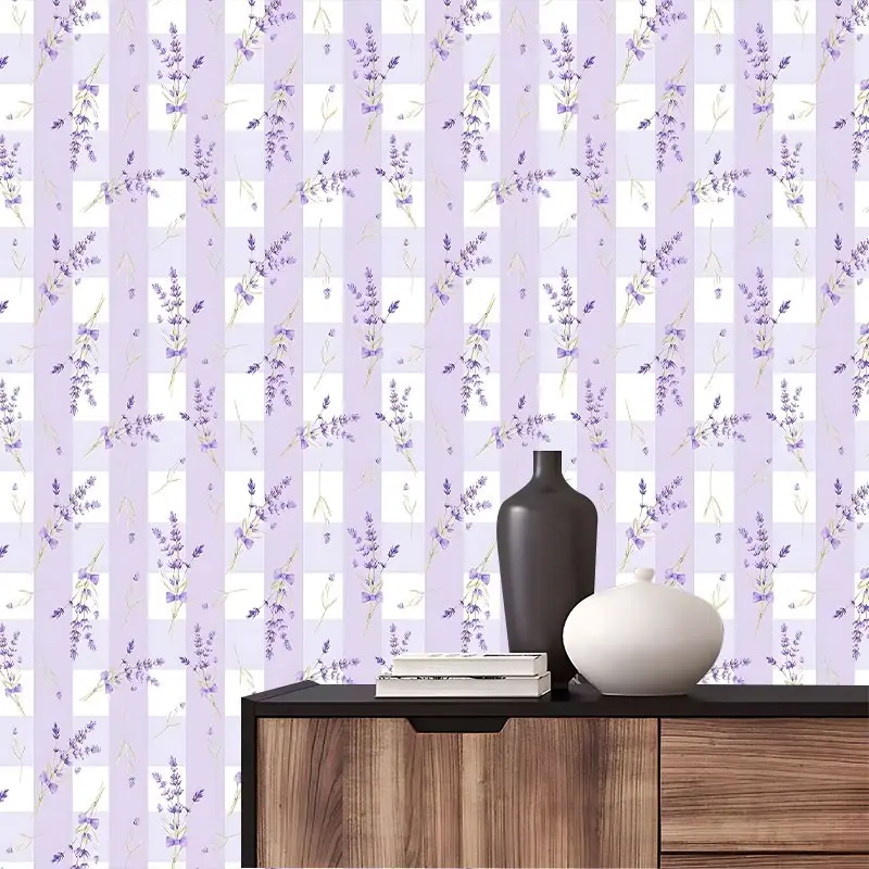 Purple Gingham Peel And Stick Wallpaper, Bathroom Wallpaper Peel And Stick, Floral Print Stain Resistant Easy To Clean Self Adhesive Removable No Residue Durable Suitable For Indoor Decor Surfaces