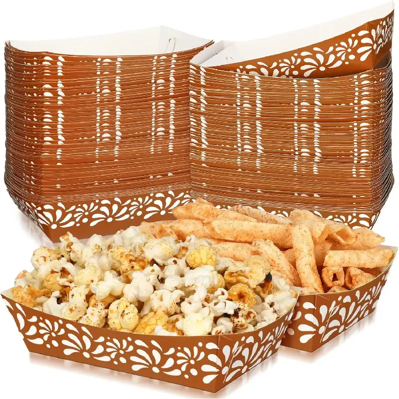 100-Count Cielito Lindo Mexican Clay Disposable Tableware Trays, Sturdy Terracotta Pottery Festival Party Supplies for Food Serving, Oilproof Nacho Popcorn Containers (Flower Design), Disposable Tableware Supplies, Oilproof Coating