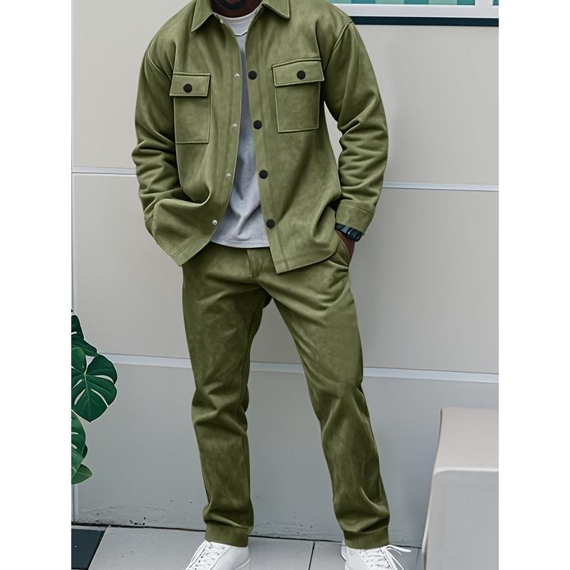 2pcs Men'S Casual Solid Color Sweatsuit Set, Polyester Knit Fabric with Slight Stretch, Regular Fit, with Lapel Collar, Button Details, for Spring/Fall - Fashionable American Style Workwear Jacket and Pants Combo