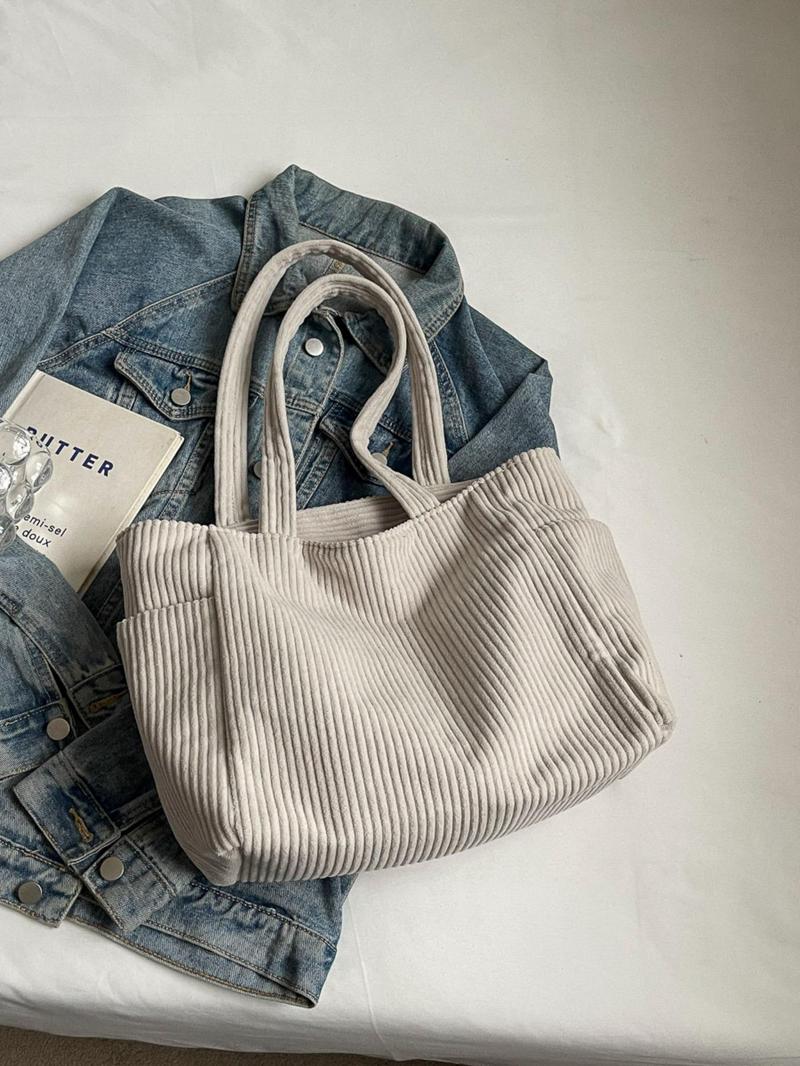 American Minimalist Corduroy Large Capacity Tote, Zipper Side Pocket, Versatile Daily Bag for Work & School