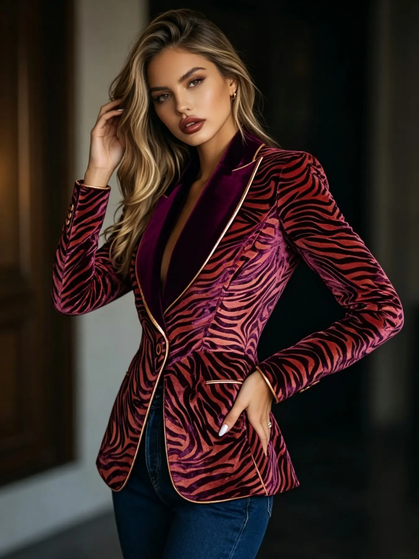 Women's New Zebra Print Lapel Casual Chic Blazer Jacket, Minimalist Slim-Fit Long Sleeve Outerwear, Spring & Fall Fashion, Colorblock Design