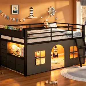 Low Loft Bed Twin Size with Tent, 5 Storage Drawers, LED Lights, Metal Kids Loft Bed with Bookcase & Under-Bed Play Space, Twin Loft Beds with 13.8''H Safety Guardrail, Inclined Ladder summergarden