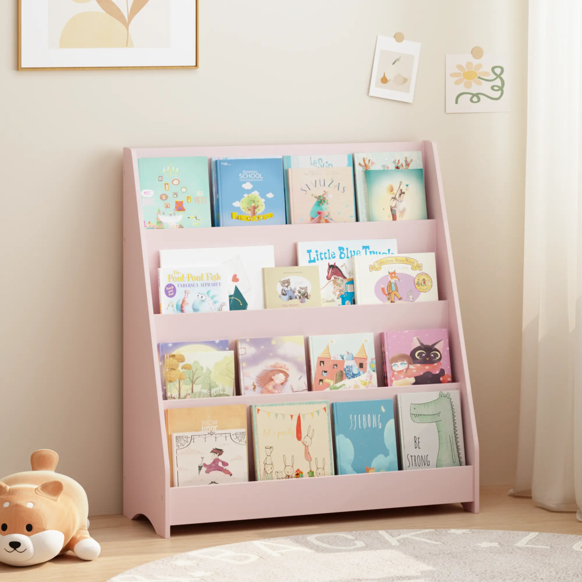 ARCH 4-Tier Kids Bookshelf Toddler Book Display Shelves Pink MDF Children's Bookcase Organizer for Bedroom Playroom Classroom Nursery Storage Furniture 11.81W x 31.50D x 34.65H Inches, Pink Color Options, MDF Material, Product Dimensions: 11.81 W x
