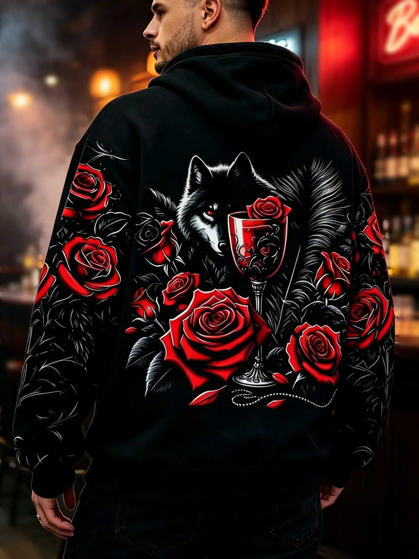 Men's Fashion Streetwear Hoodie, Creative Floral Fox Print, Comfortable and Versatile, Perfect for Dates, Parties, Daily Wear