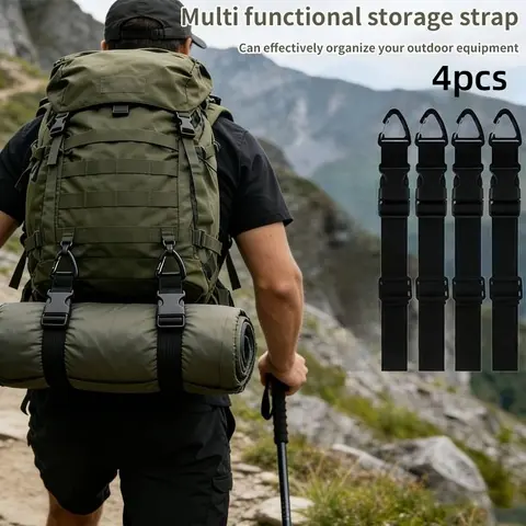 4-Pack Luggage and Outdoor Gear Straps featuring adjustable carabiners for versatile hanging. Made from durable nylon webbing, these straps are ideal for organizing sleeping bags, tents, and other gear during hiking, camping, and long-distance treks.