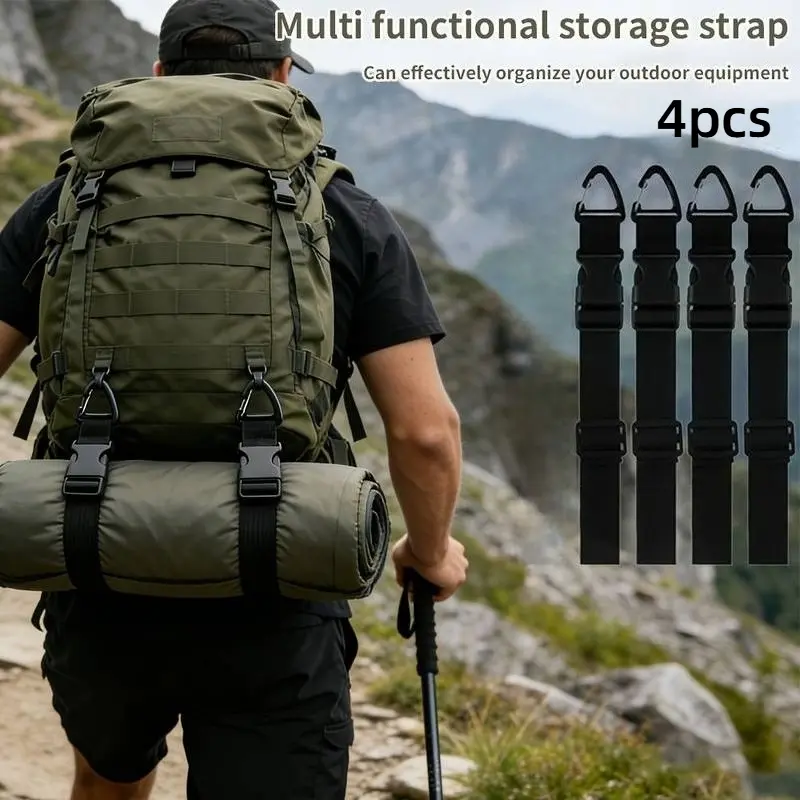 4-Pack Luggage and Outdoor Gear Straps featuring adjustable carabiners for versatile hanging. Made from durable nylon webbing, these straps are ideal for organizing sleeping bags, tents, and other gear during hiking, camping, and long-distance treks.