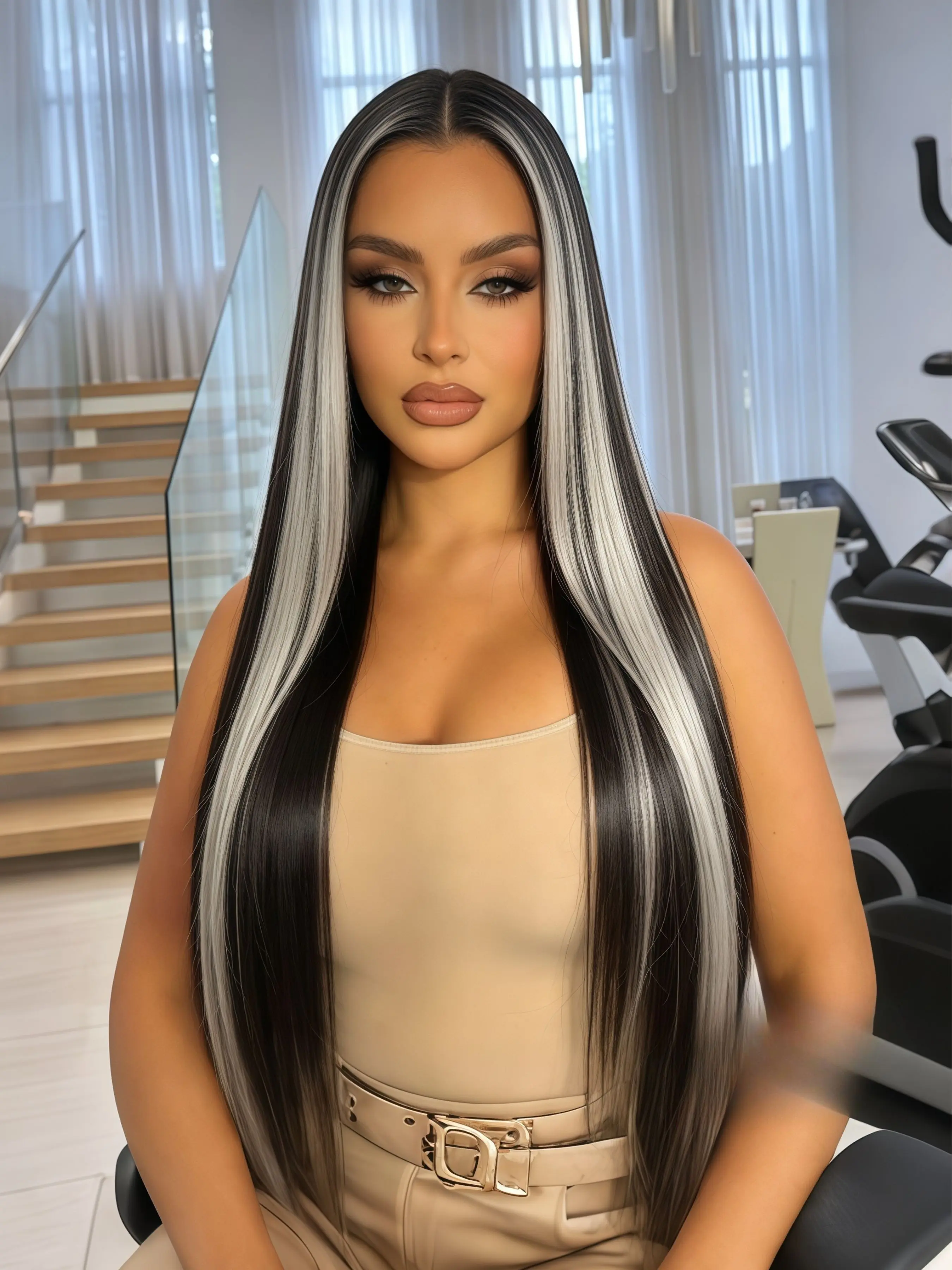 Black and White Highlight Long Straight Wig, 13x4 Lace Front Wig, Pre-Plucked Natural Hairline, Free Parting Synthetic Fiber, Heat Resistant High Temperature Wire Wig Suitable for Women's Daily Wear, 28 Inches.