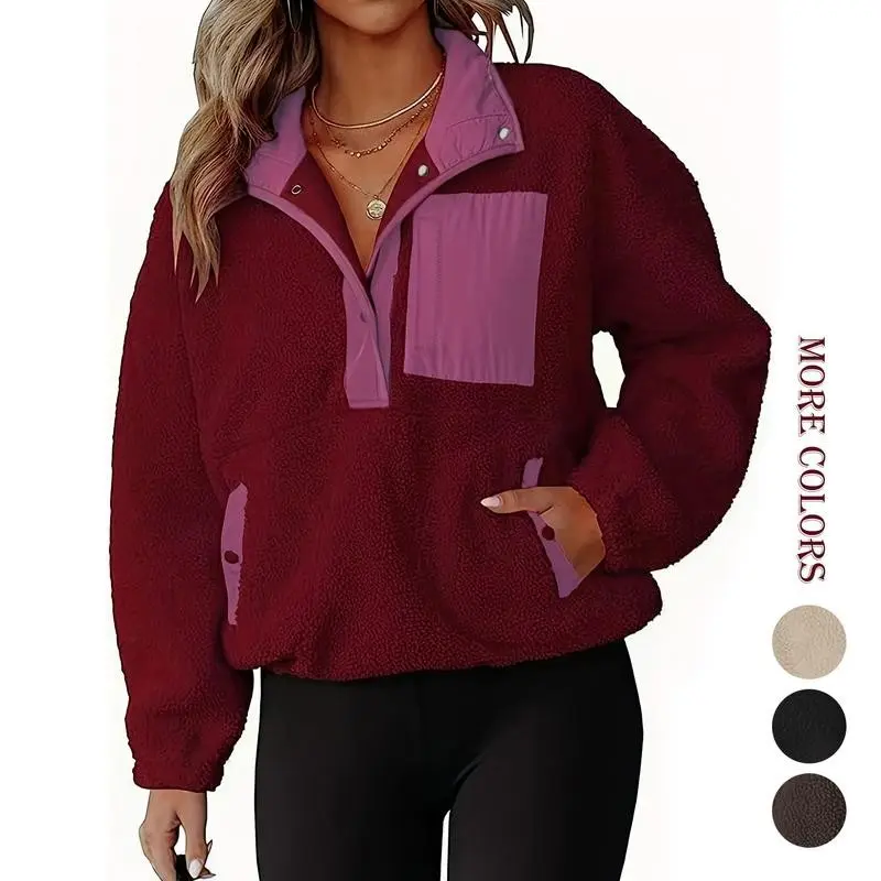 Womens Fuzzy Fleece Pullover Sherpa Sweatshirt Long Sleeve Color clashing Button Down Sweater Winter Fleece Jacket with Pockets