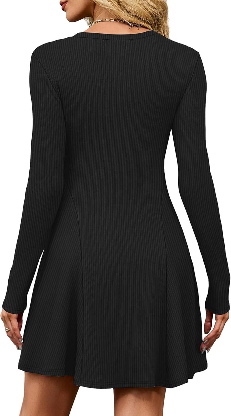 OFEEFAN Sweater Dress for Women Fall 2025 Long Sleeve Crew Neck Ribbed Knit Fit and Flare A-Line Dresses