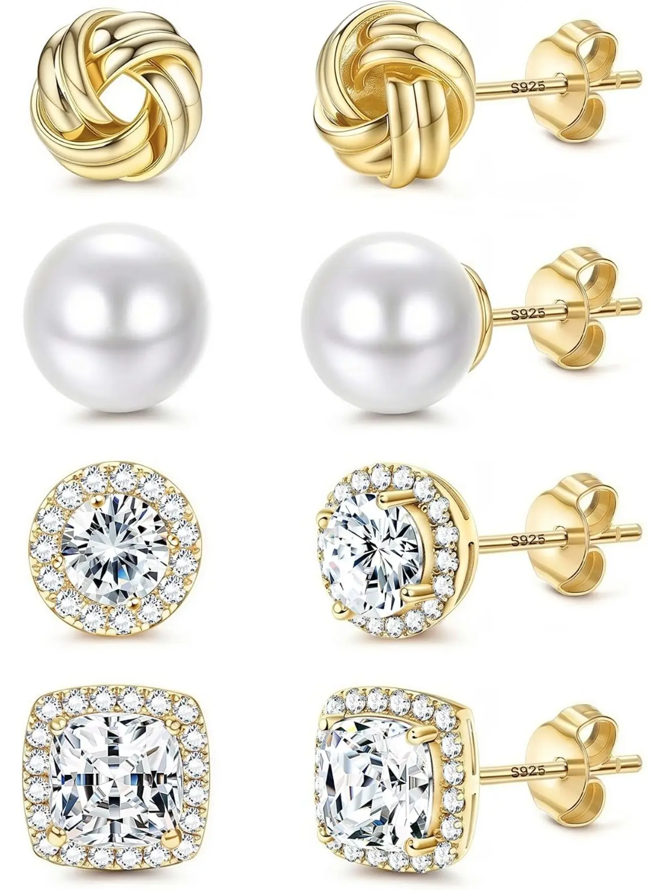 Hypoallergenic Stud Earrings for Women - 4Pairs Sterling Silver Earrings 14K Gold Plated Big Simulated Pearl Love Knot Brilliant Cubic Zirconia CZ Halo Stud Earrings for Sensitive Ears Jewelry Earrings