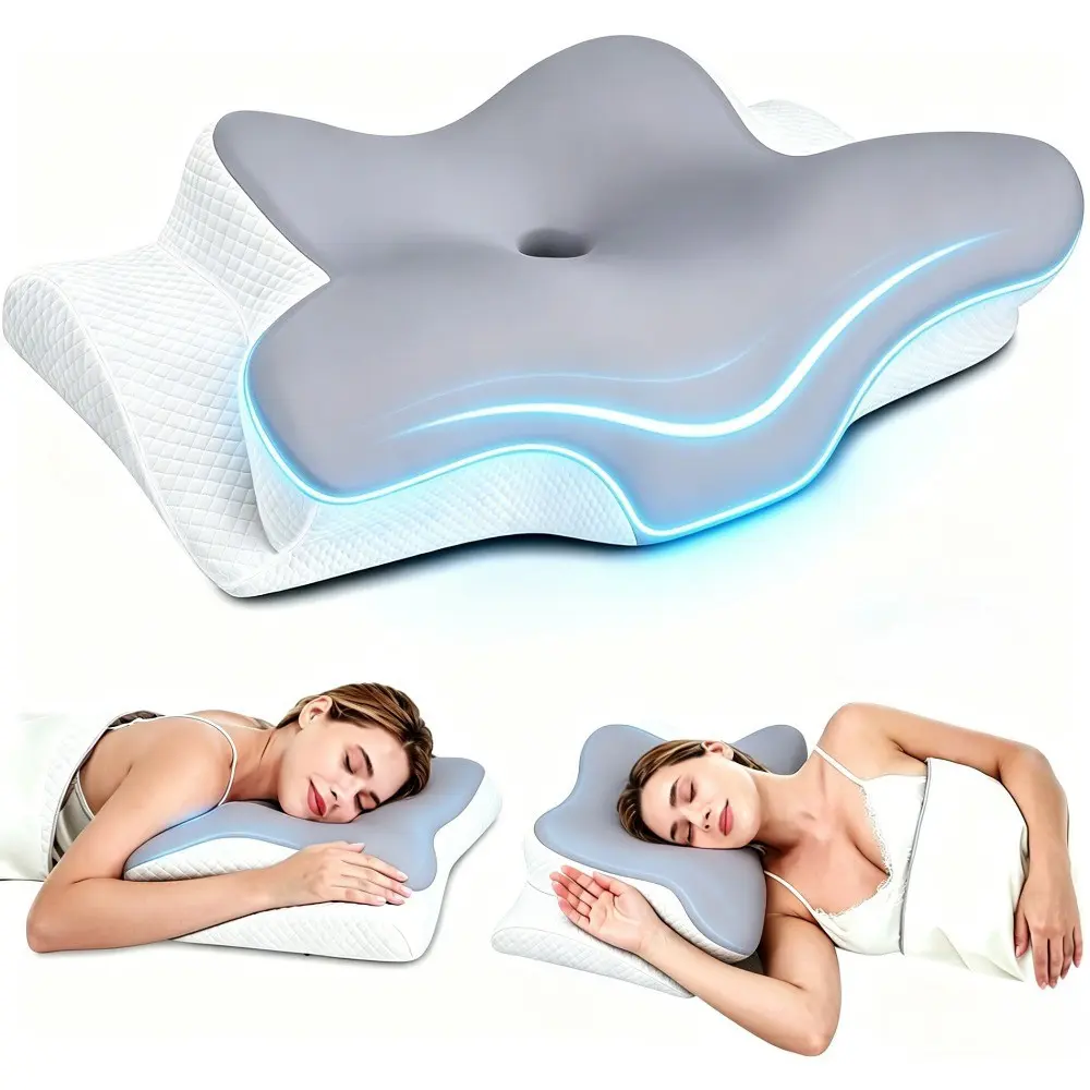 Ergonomic Cervical Neck Pillow, Memory Foam for Neck Relief, Adjustable Contour Support, Breathable Pillowcase, Odorless, Dual-Height, Neck Rest Cushion