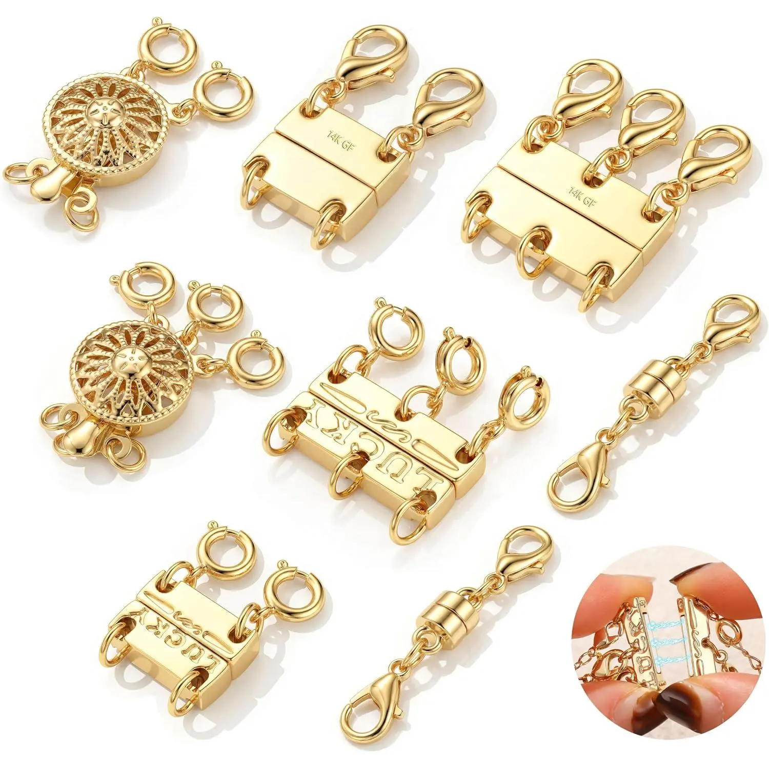 Multi  Necklace Clasps and Closures : 14K  Plated   Layering Clasp for Necklaces Multiple  Bracelet Helper Necklace Extenders 8 count