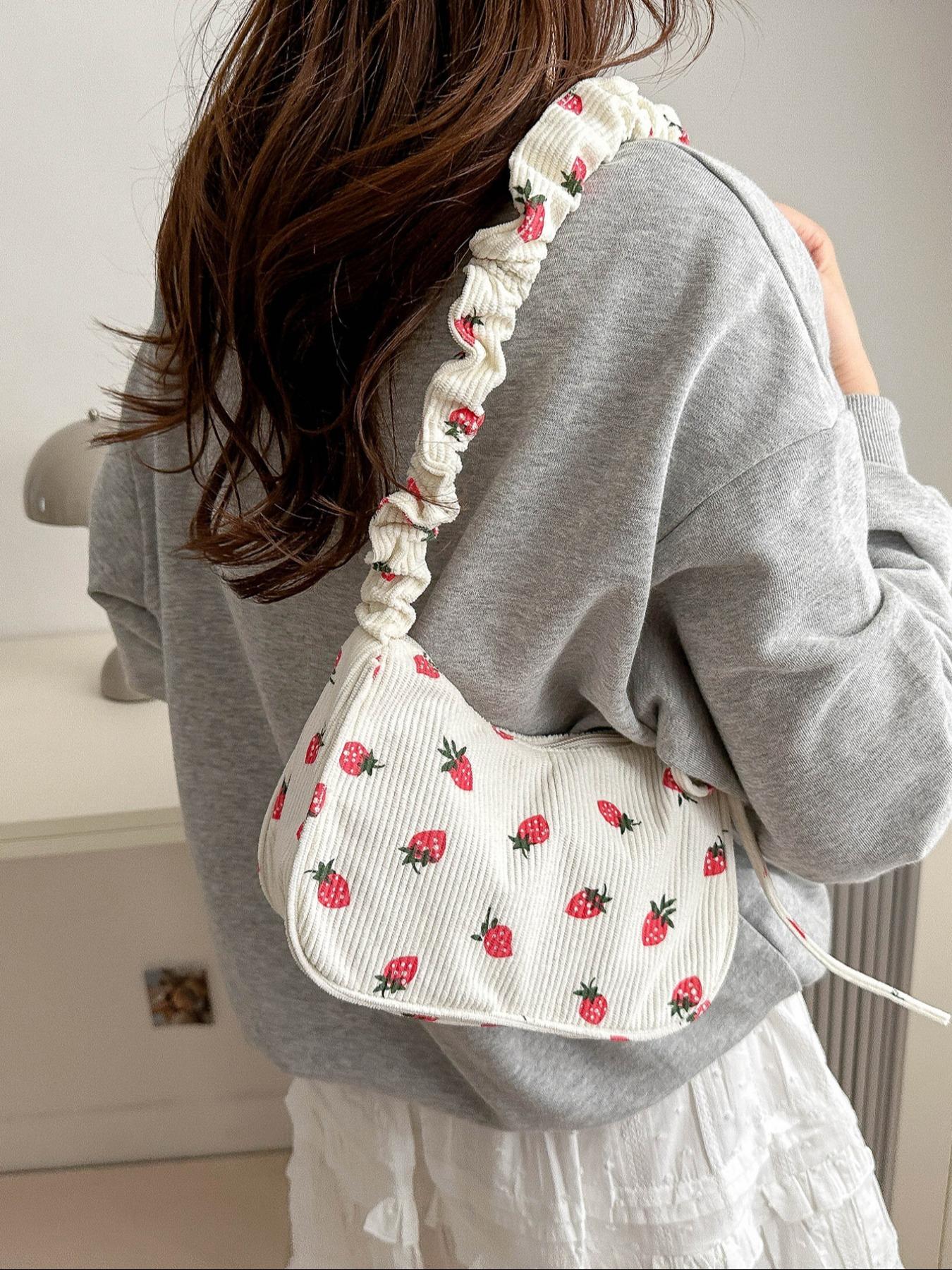Cute Strawberry Print Underarm Bag, Drawstring Design, Soft Casual Fruit Pattern Shoulder Clutch, Versatile Handbag for Women