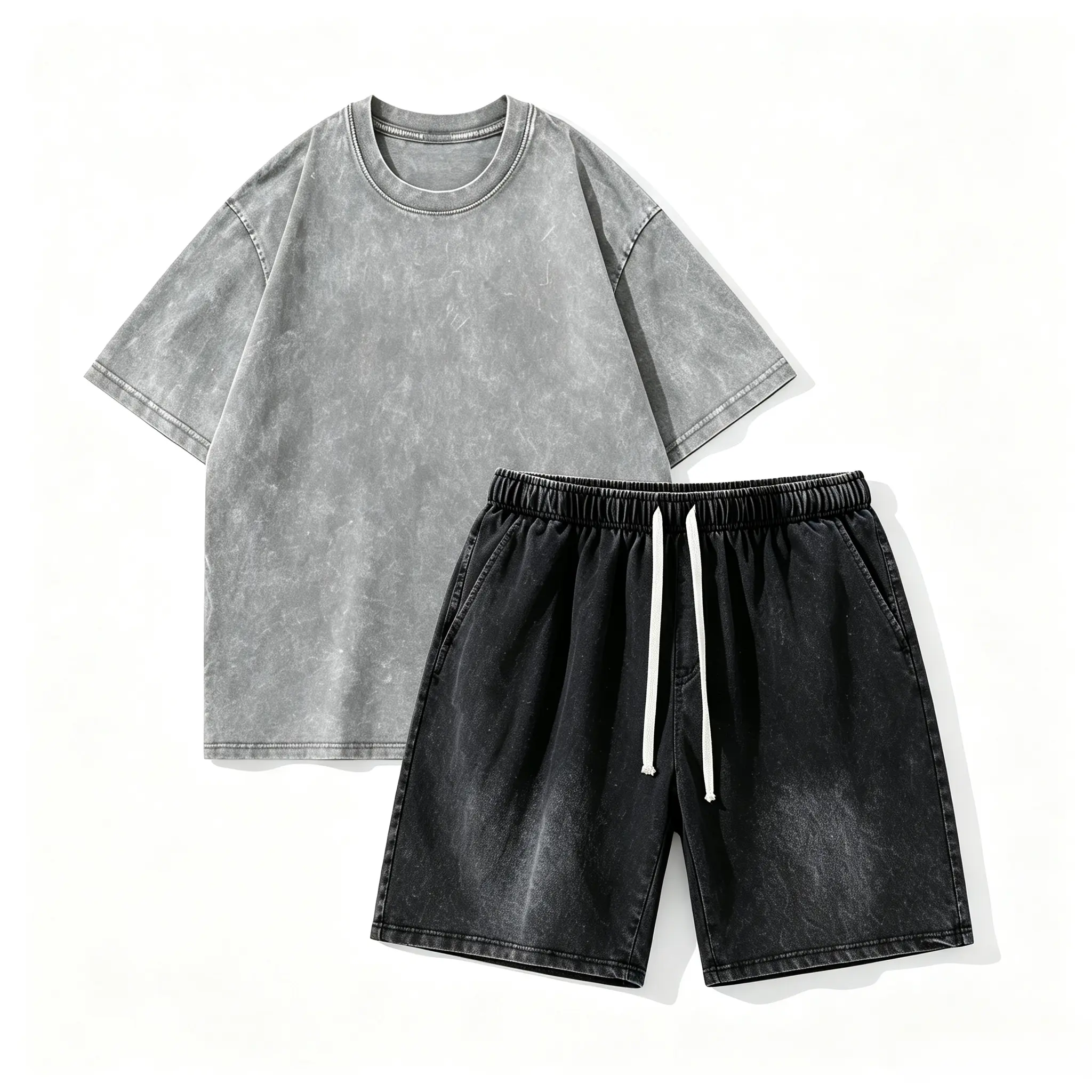 Male 2-Piece Athletic Sports Clothing Set - Acid Wash Textured Cotton Fitted Tee & Adjustable Drawstring Shorts for Summer Loungewear, Casual Wear