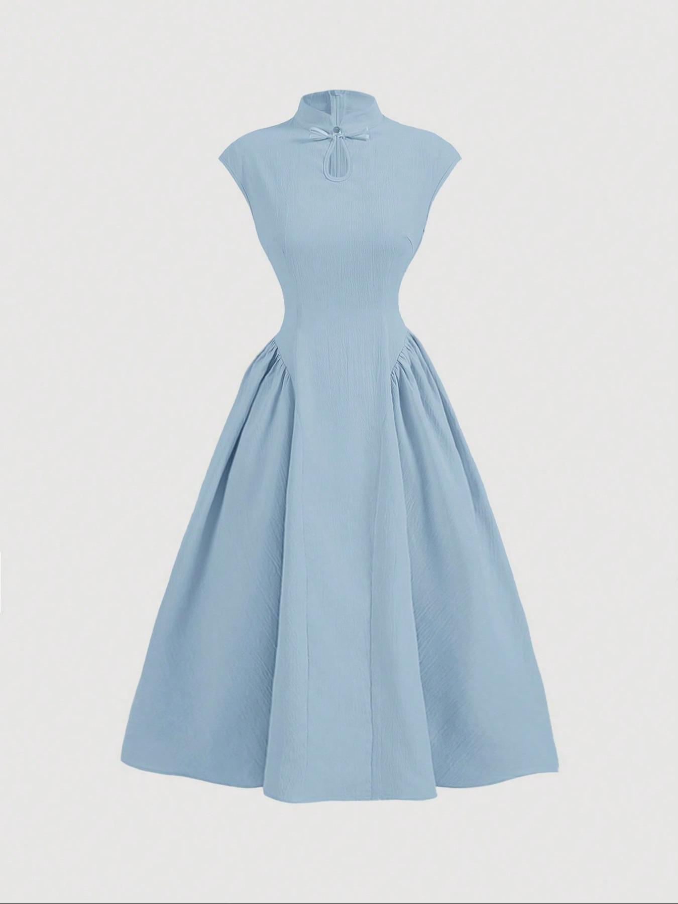 Women's Plain Mandarin Collar A Line Dress, Summer Clothes Women, Elegant Fashion Casual Zipper Back Long Dress for Daily Outdoor Wear, Women Dress for Summer, Casual Elegance Chic