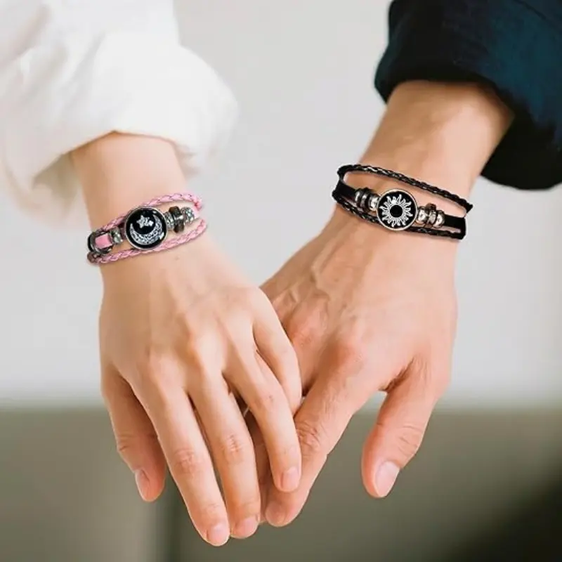 Luminous Sun and Moon Couple Bracelet - Glow in the Dark Matching Braided Leather Jewelry for Couples, Adjustable Long Distance Love Gift for Him & Her (black,pink)
