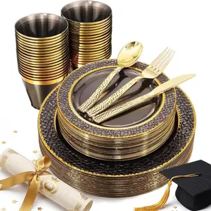 Nervure 150PCS Clear Black Plastic Plates - Gold Party Plates - Black and Gold Dinnerware Set Include: 50 Plate, 25Cups, 25Forks, 25Knives, 25Spoons for New Year & Party & Halloween