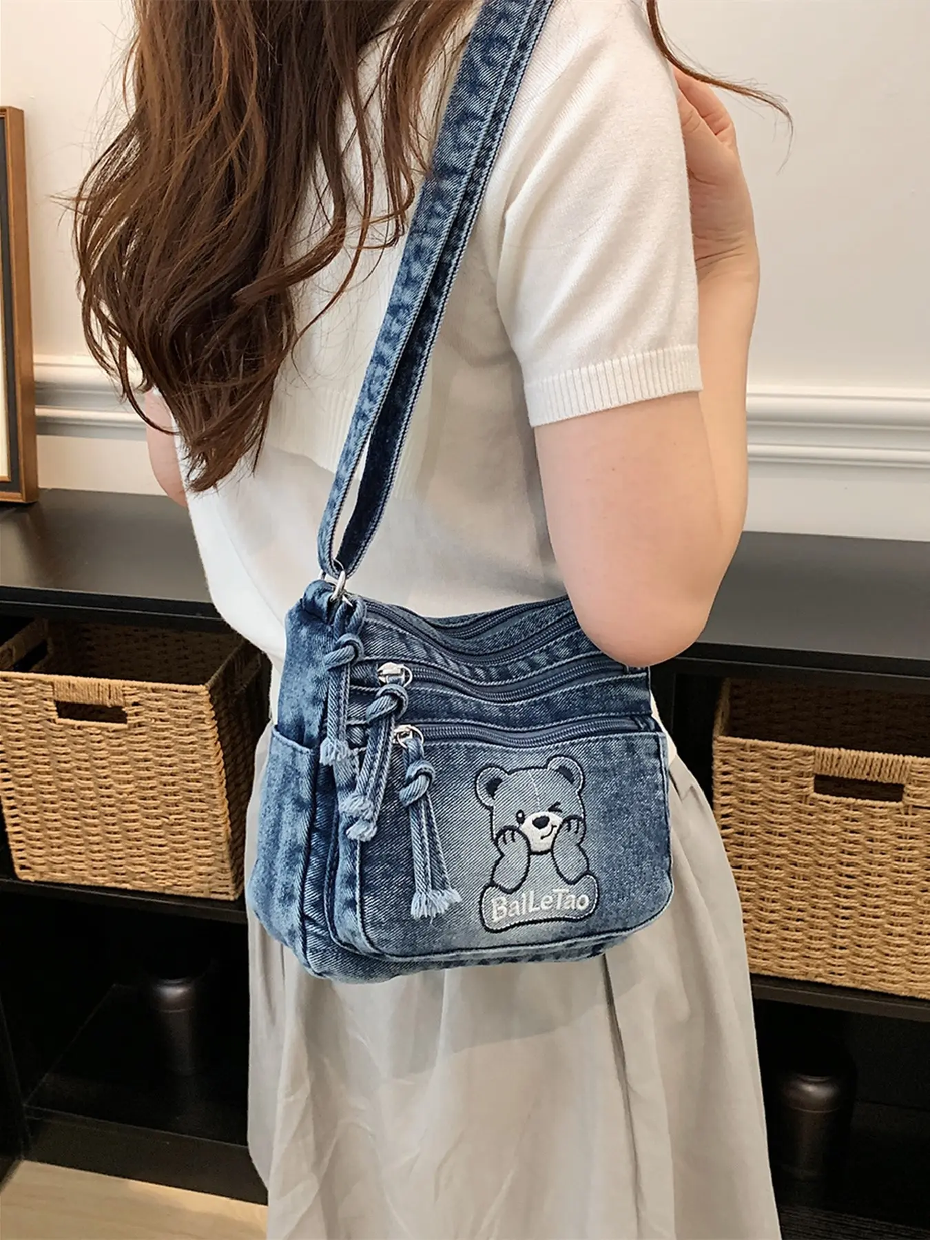 bear embroidery denim crossbody bag, multi zipper multi pocket mini phone purse, adjustable wide strap teen shoulder bag, washed vintage commute bag, tassel drawstring student crossbody, cute cartoon lightweight daily bag